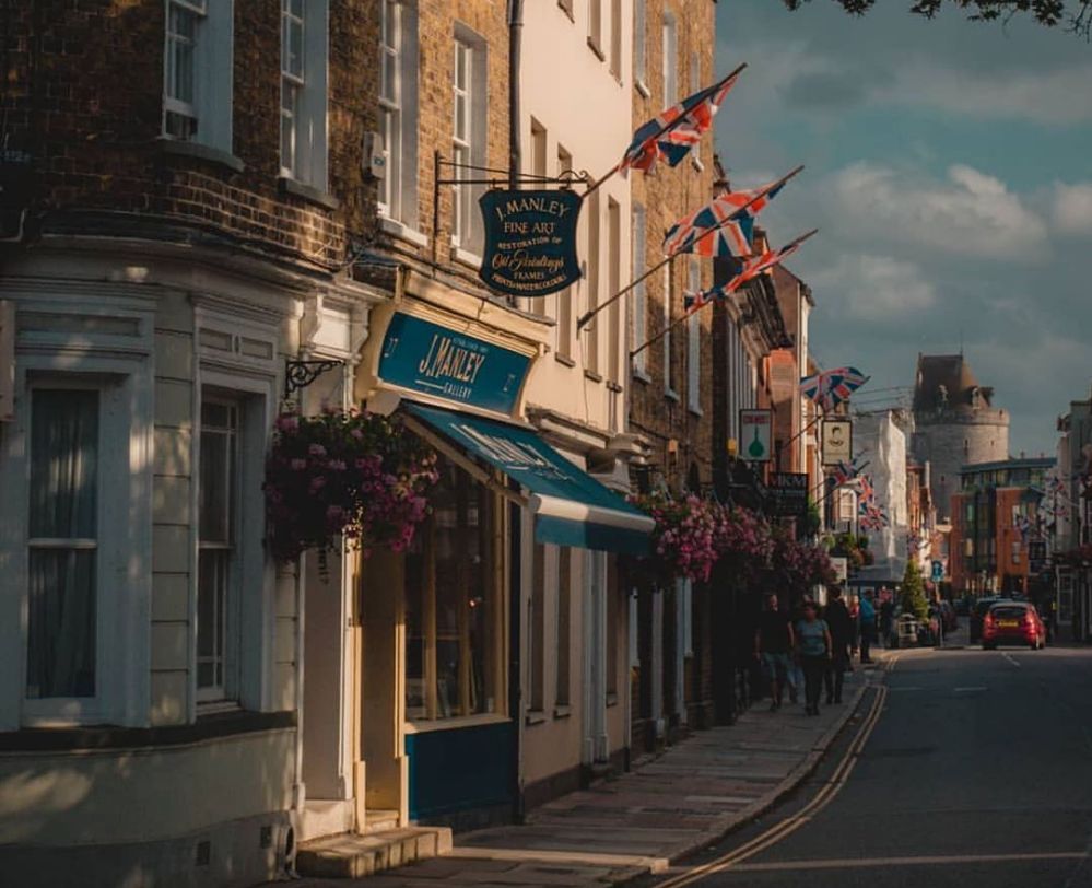 View down Eton High Street with Windsor Castle in distance